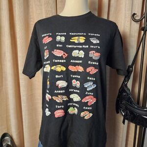 Little Romance Sushi Guide Graphic T-Shirt L Black 100% Cotton Japan Foodie Tee
